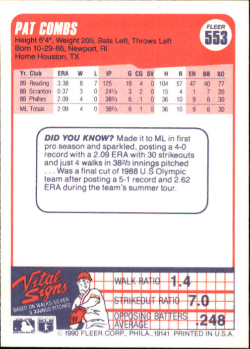 1990 Fleer #553 Pat Combs/6 walks for Phillies/in '89 in stats,/brief bio says 4 back image
