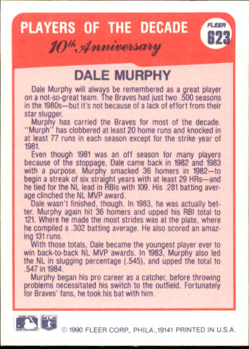 1990 Fleer #623 Dale Murphy '82 back image