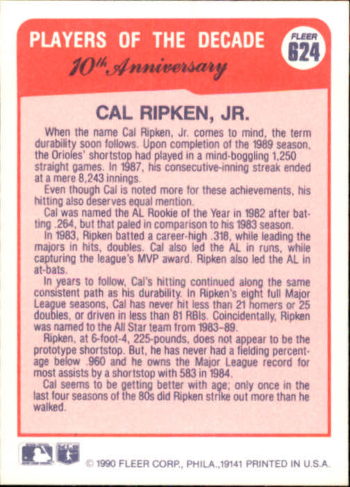 1990 Fleer #624A Cal Ripken '83 ERR/Misspelled Ripkin back image