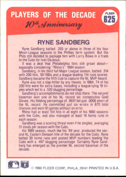 1990 Fleer #625 Ryne Sandberg '84 back image
