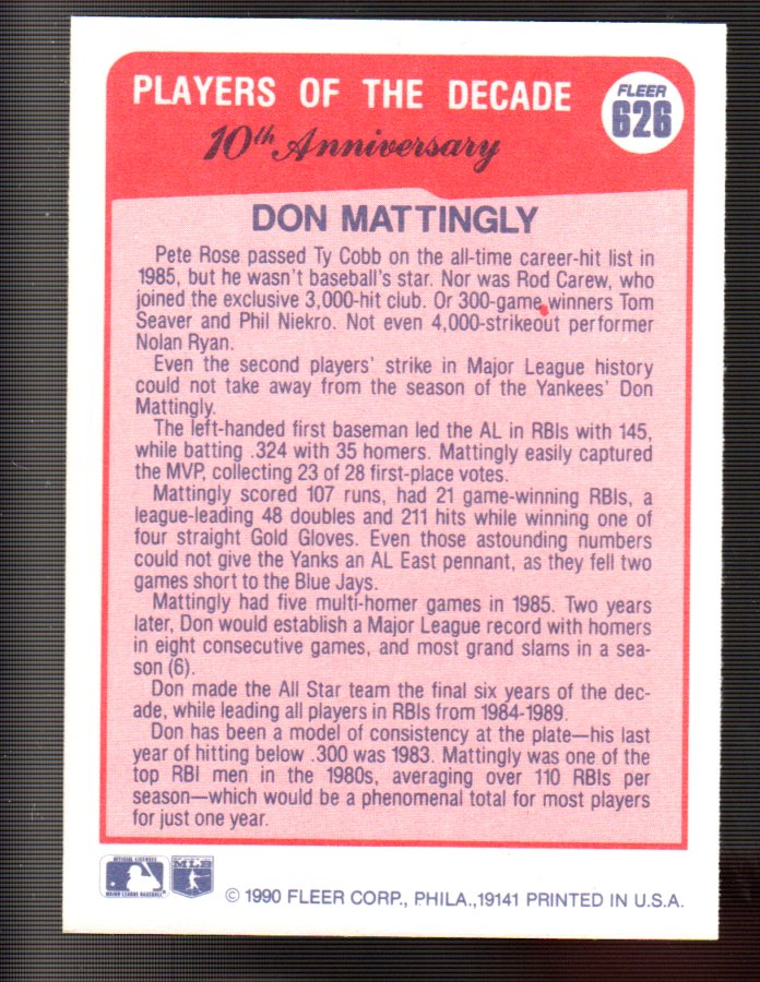 1990 Fleer #626 Don Mattingly '85 back image