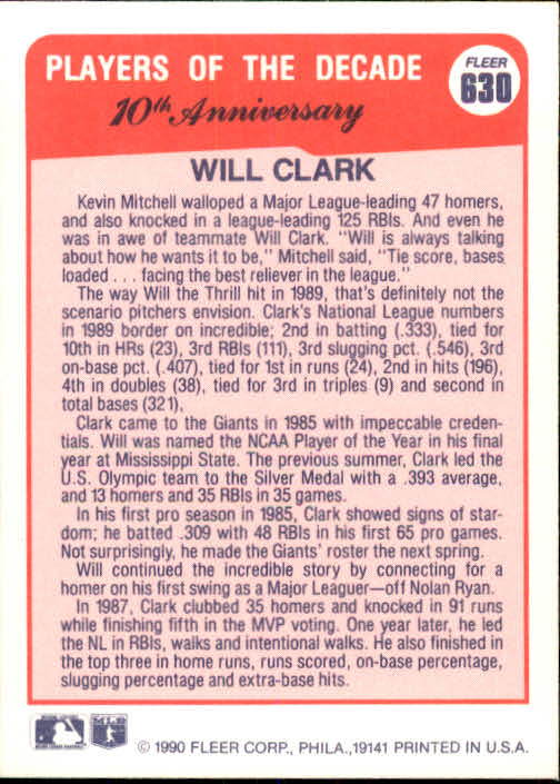 1990 Fleer Baseball Card #630 A Will Clark Error