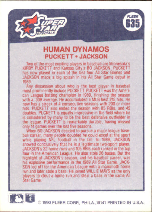 1990 Fleer #635 Kirby Puckett/Bo Jackson back image