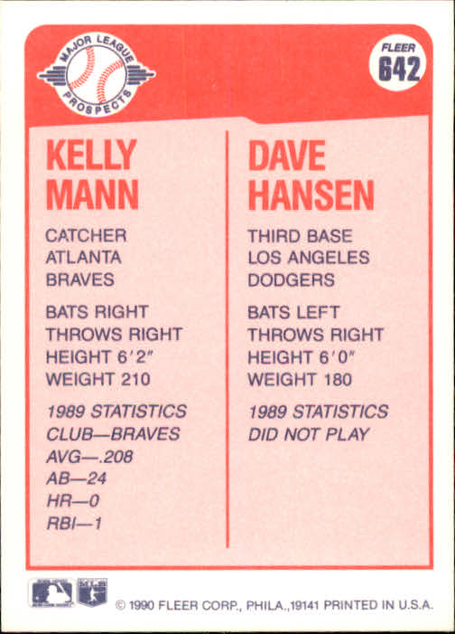 1990 Fleer #642 Kelly Mann RC/Dave Hansen RC back image
