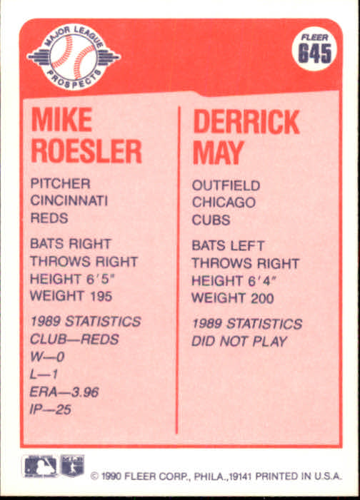 1990 Fleer #645 Mike Roesler RC/Derrick May RC back image
