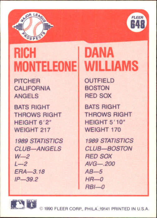 1990 Fleer #648 Rich Monteleone RC/Dana Williams RC back image
