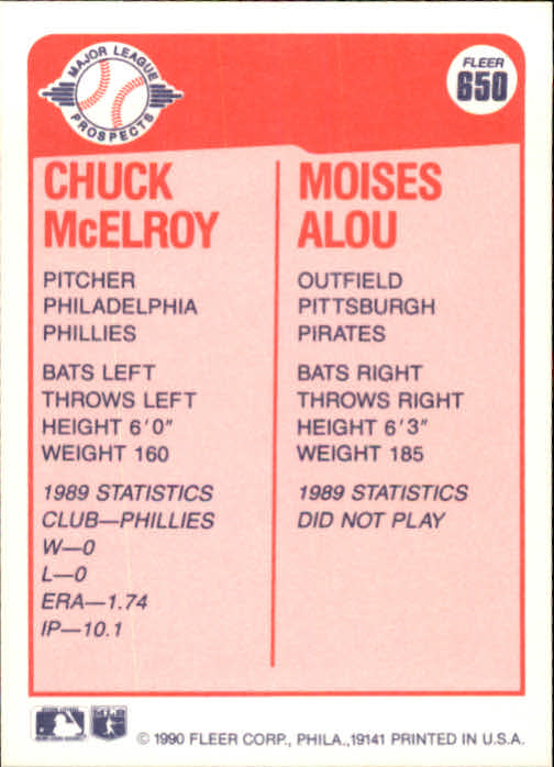 1990 Fleer #650 Chuck McElroy/Moises Alou RC back image