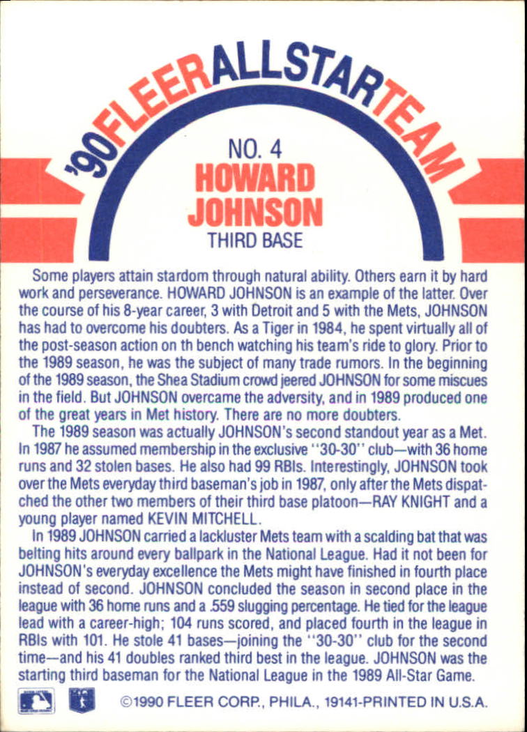 1990 Fleer All-Stars #4 Howard Johnson UER back image