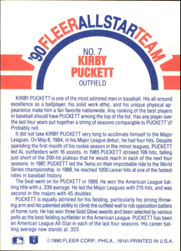 1990 Fleer All-Stars #7 Kirby Puckett back image