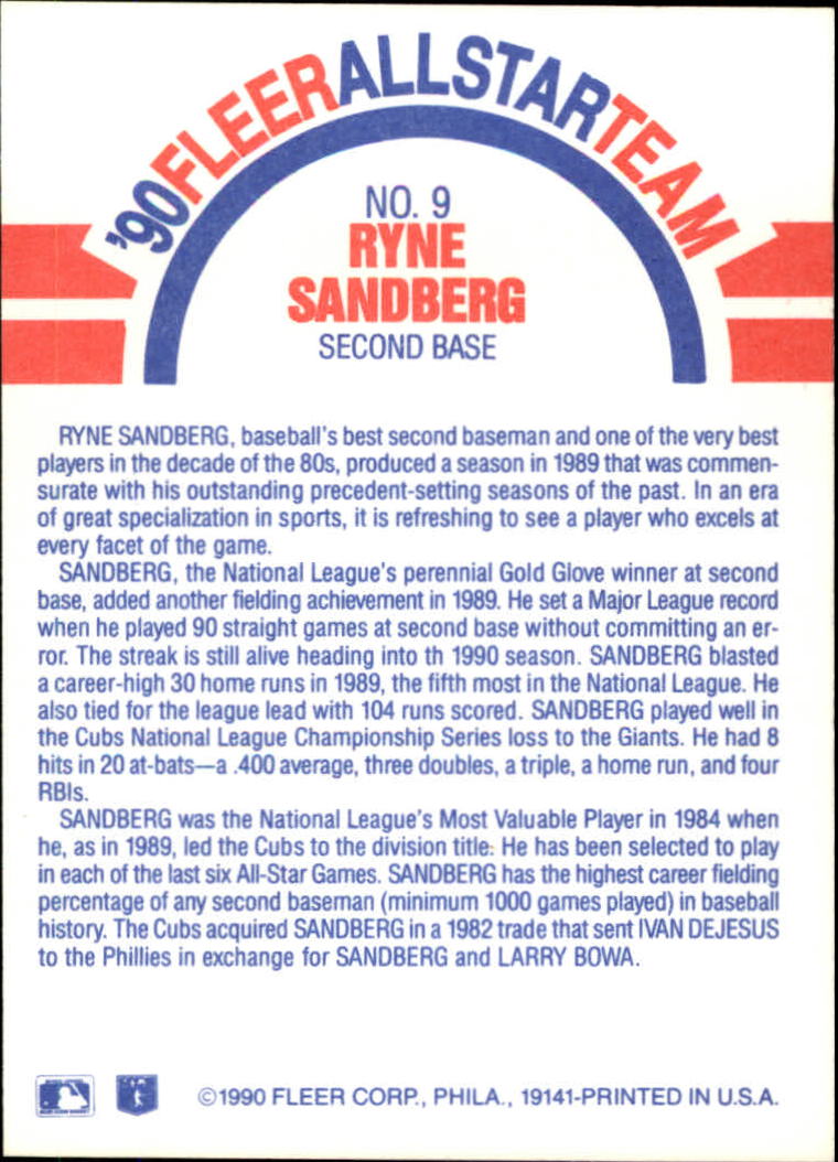 1990 Fleer Baseball "All-Stars" Insert Cards - Picture 19 of 25