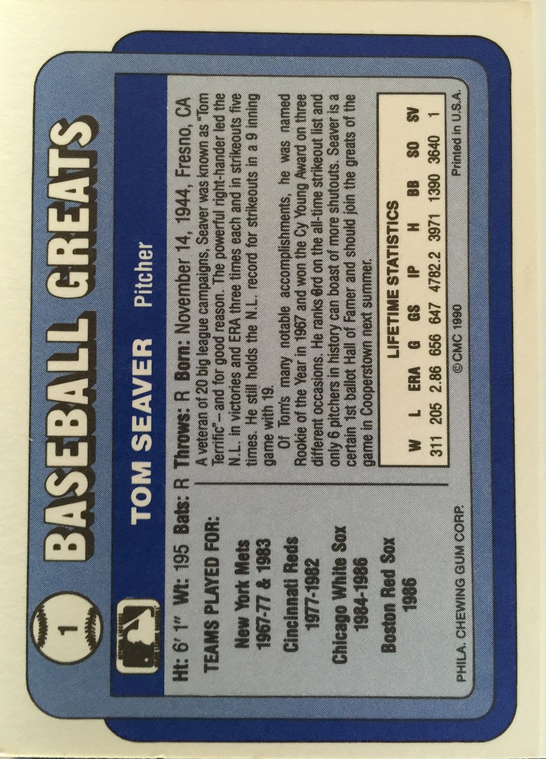 1990 Swell Baseball Greats #1 Tom Seaver back image