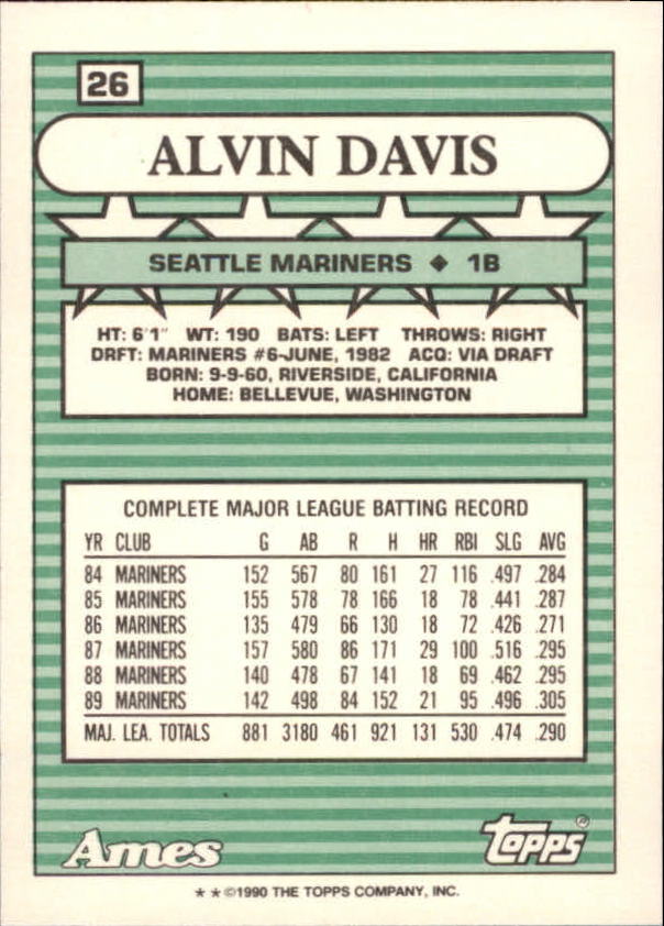 1990 Topps Ames All-Stars #26 Alvin Davis back image