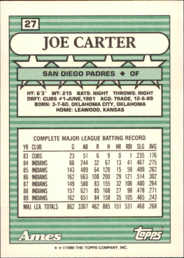 1990 Topps Ames All-Stars #27 Joe Carter back image