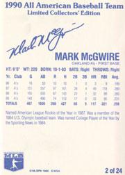 1990 All-American Baseball Team #2 Mark McGwire back image