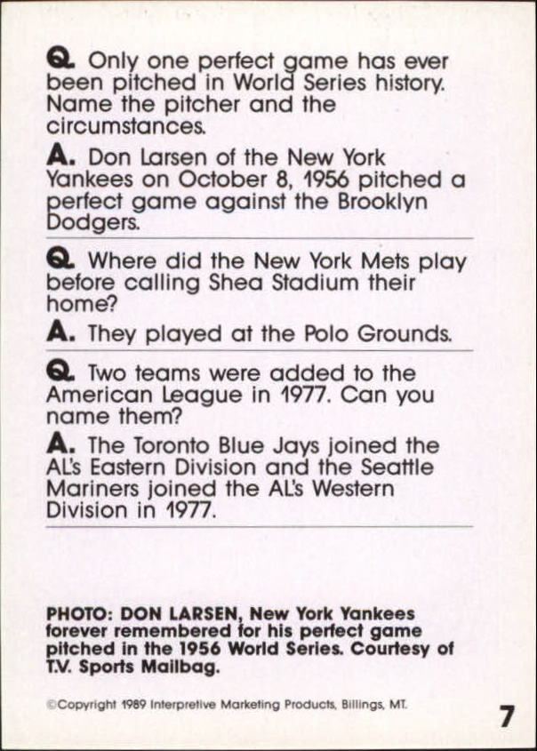 1990 Baseball Wit #7 Don Larsen back image