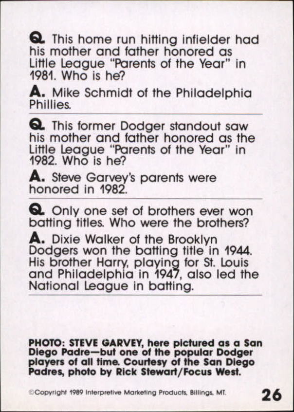 1990 Baseball Wit #26 Steve Garvey back image