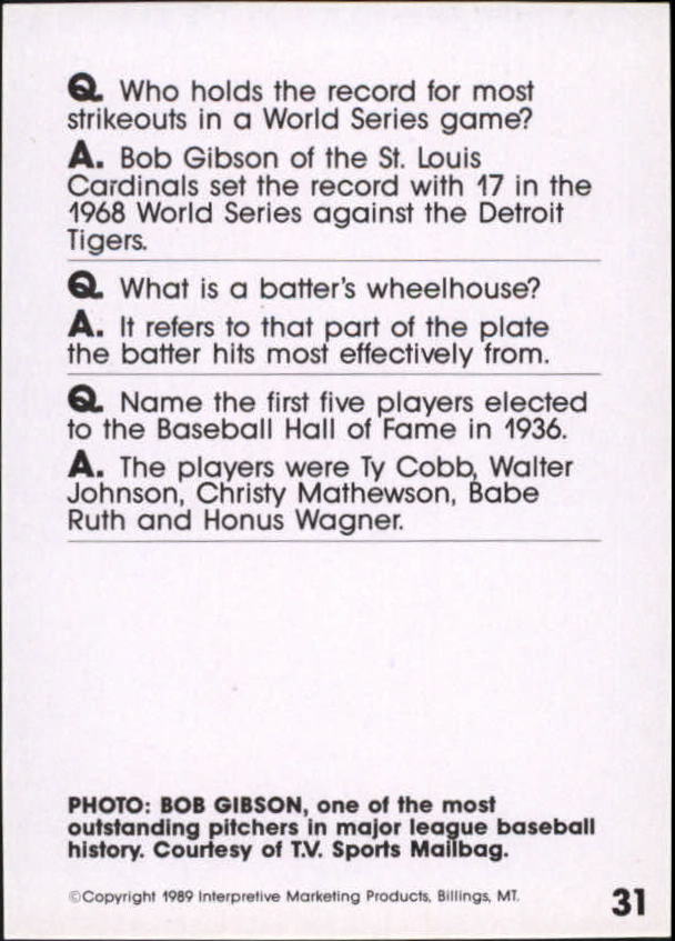 1990 Baseball Wit #31 Bob Gibson back image