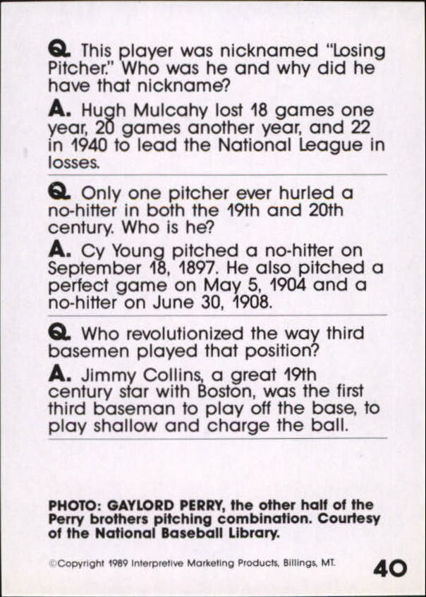 1990 Baseball Wit #40 Gaylord Perry back image