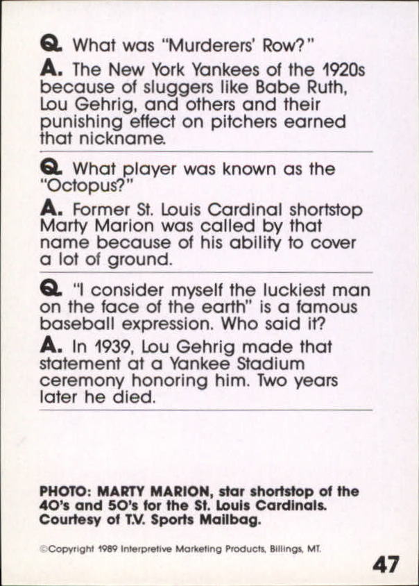 1990 Baseball Wit #47 Marty Marion back image
