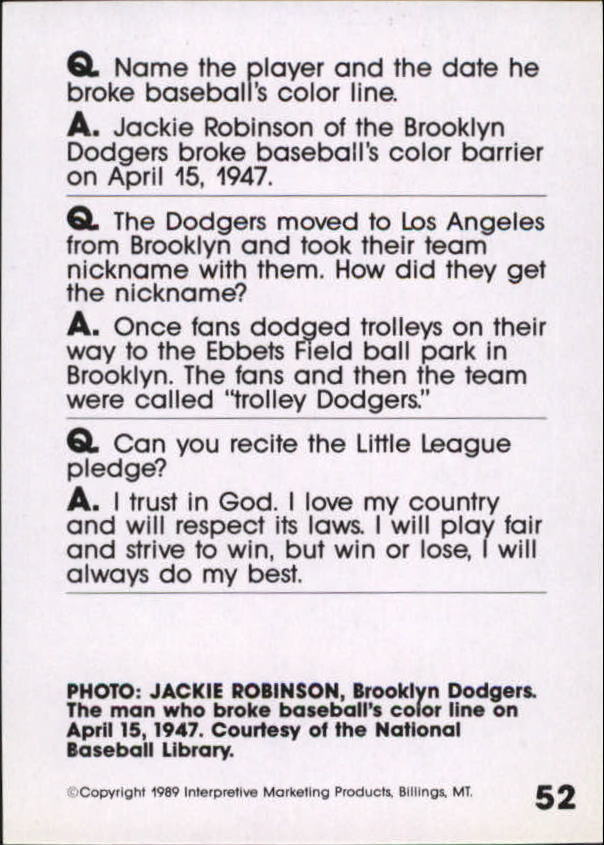 1990 Baseball Wit #52 Jackie Robinson back image