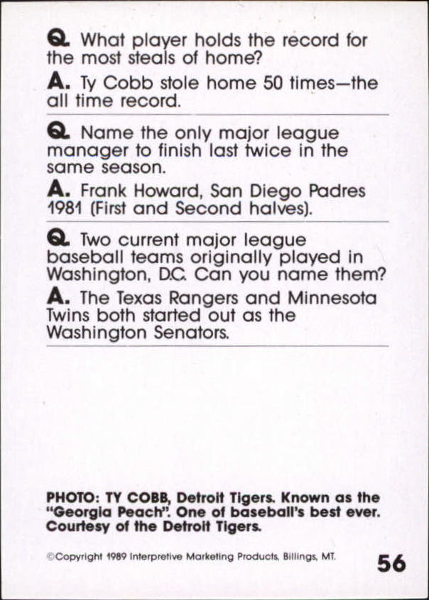 1990 Baseball Wit #56 Ty Cobb back image