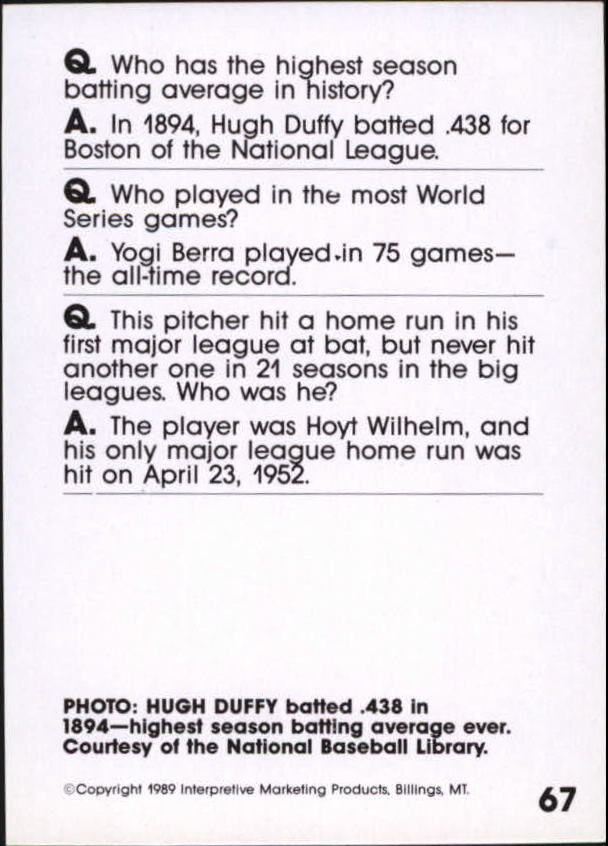 1990 Baseball Wit #67 Hugh Duffy back image