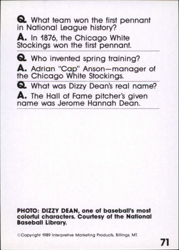 1990 Baseball Wit #71 Dizzy Dean back image