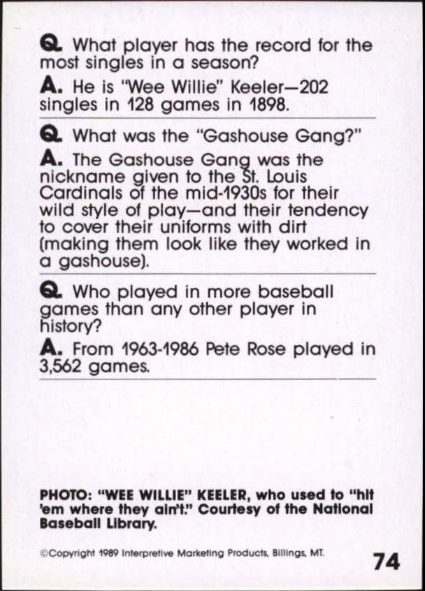 1990 Baseball Wit #74 Wee Willie Keeler back image