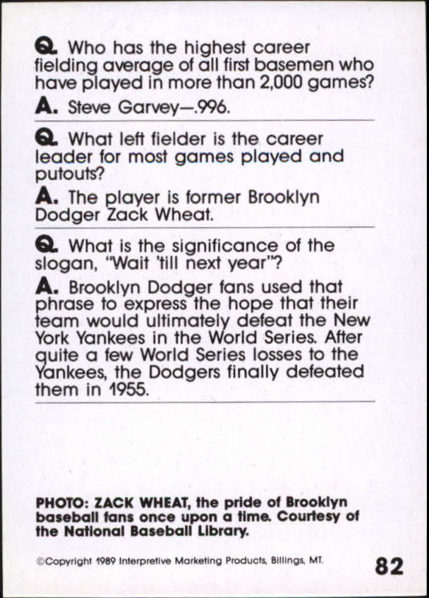 1990 Baseball Wit #82 Zack Wheat back image