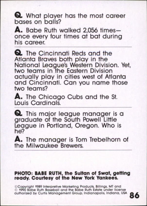 1990 Baseball Wit #86 Babe Ruth back image