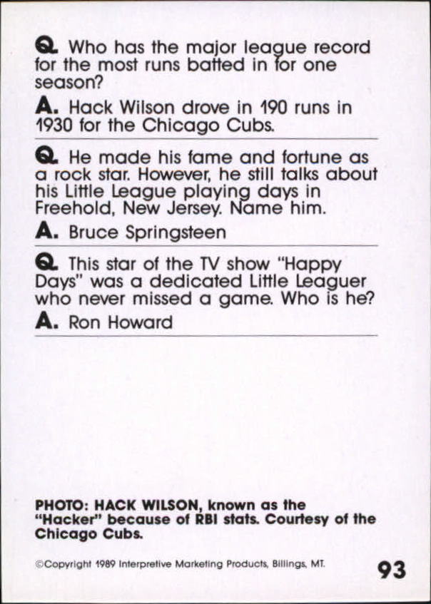 1990 Baseball Wit #93 Hack Wilson back image