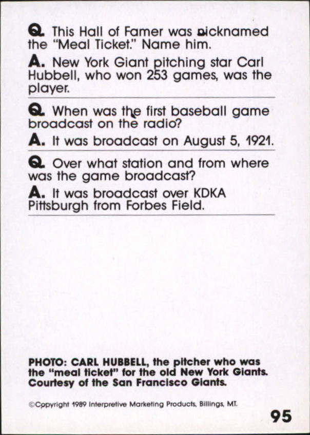 1990 Baseball Wit #95 Carl Hubbell back image