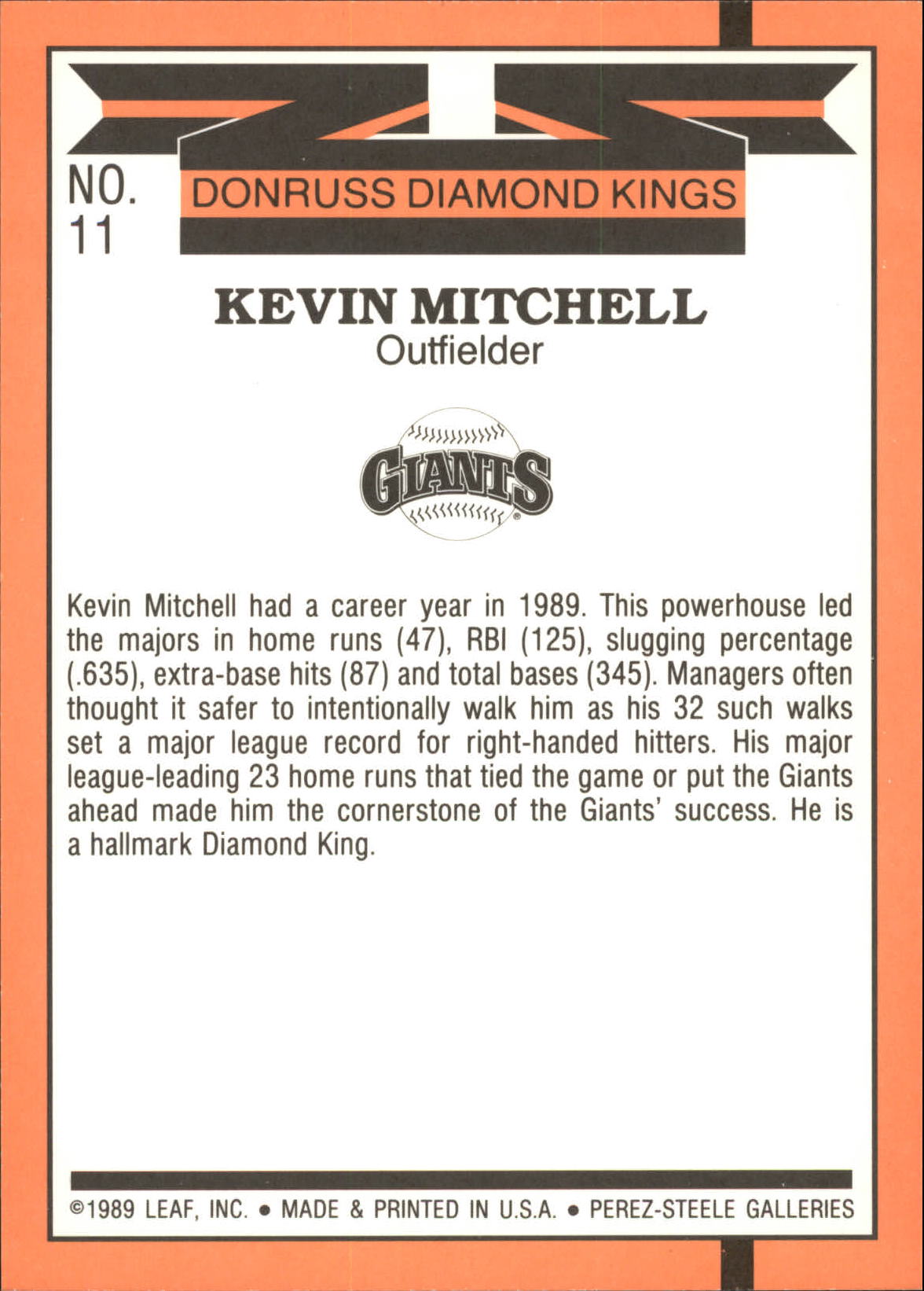 1990 Donruss Super DK's #11 Kevin Mitchell back image