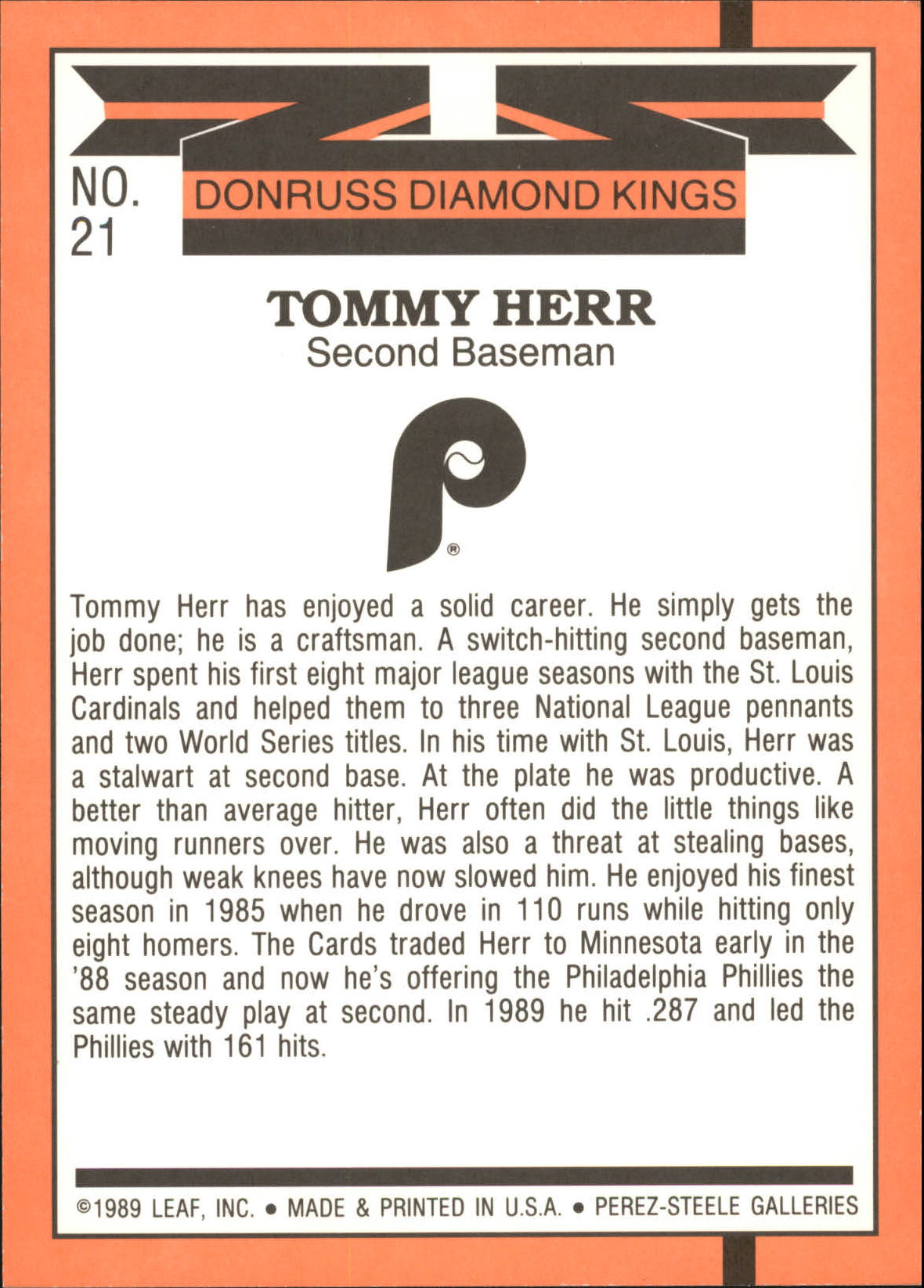 1990 Donruss Super DK's #21 Tommy Herr back image