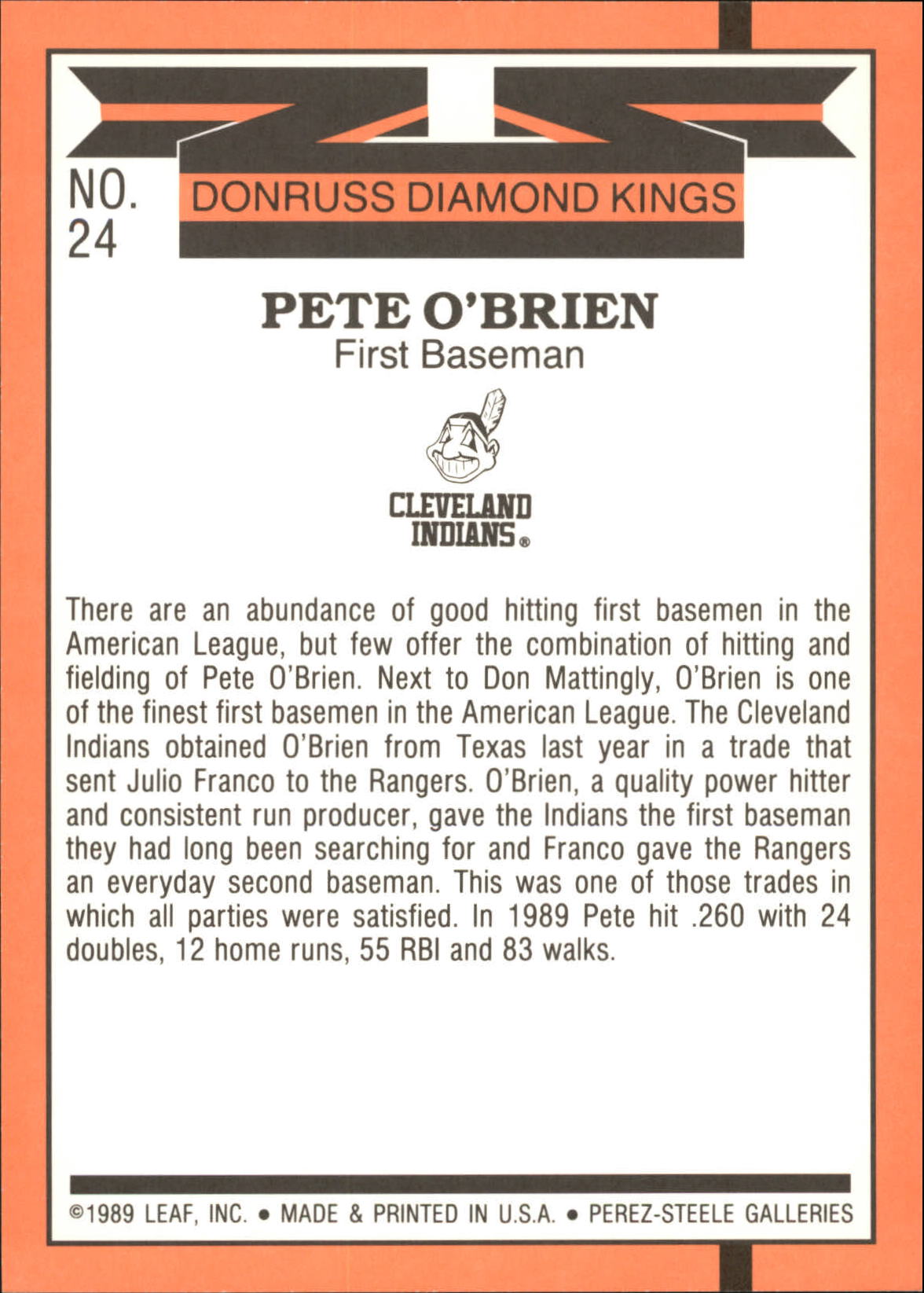 1990 Donruss Super DK's #24 Pete O'Brien back image