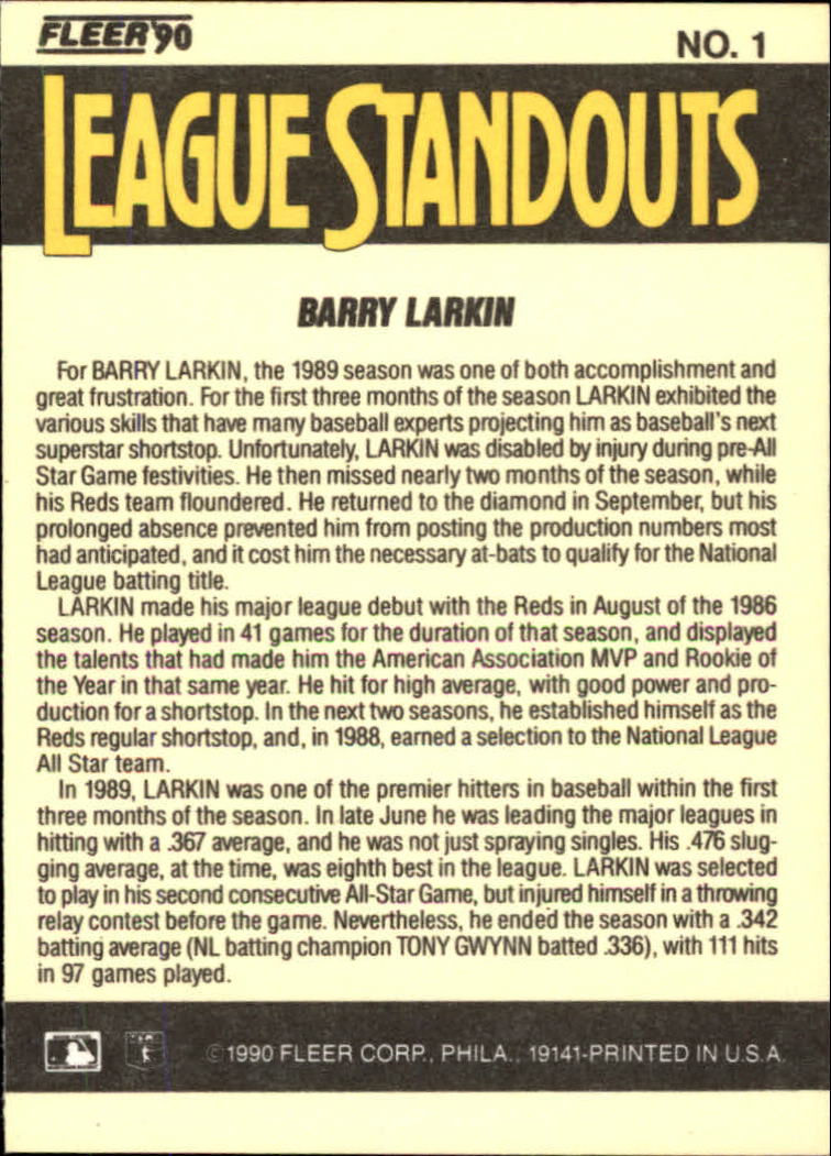 1990 Fleer League Standouts #1 Barry Larkin back image