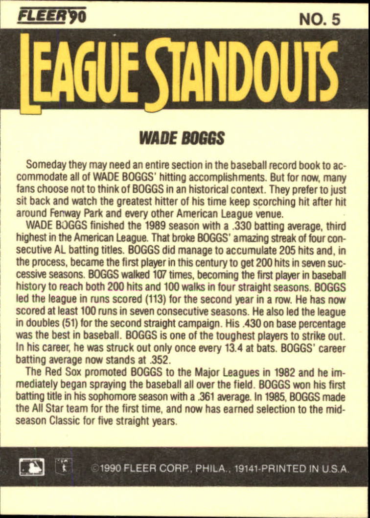 1990 Fleer League Standouts #5 Wade Boggs back image