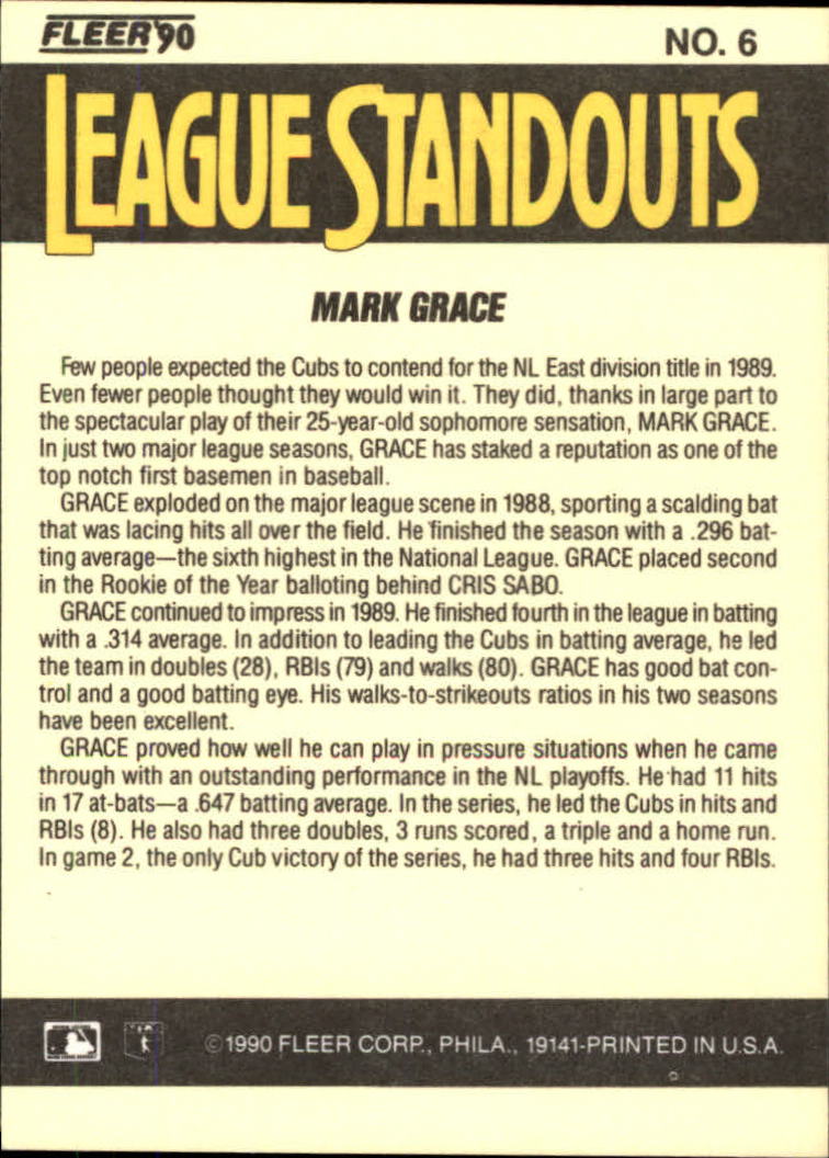 1990 Fleer League Standouts #6 Mark Grace back image