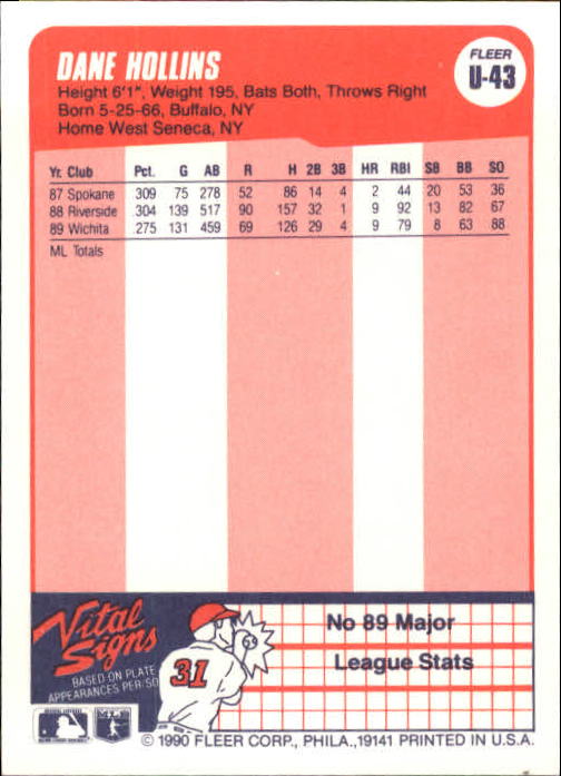 1990 Fleer Update #U43 Dave Hollins UER RC/Misspelled Dane/on card back back image