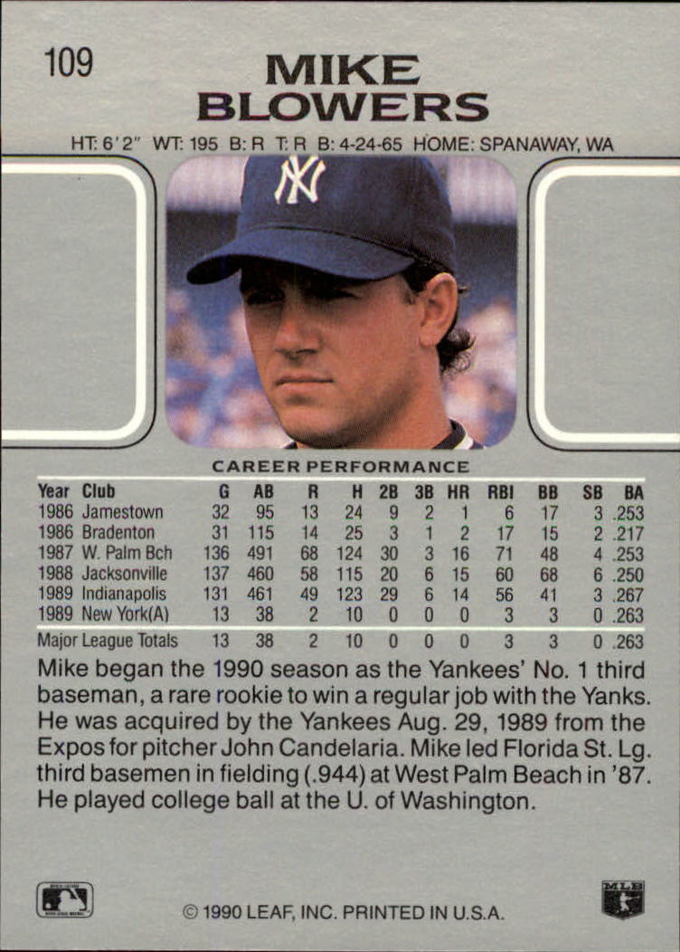 1990 Leaf #109 Mike Blowers RC back image