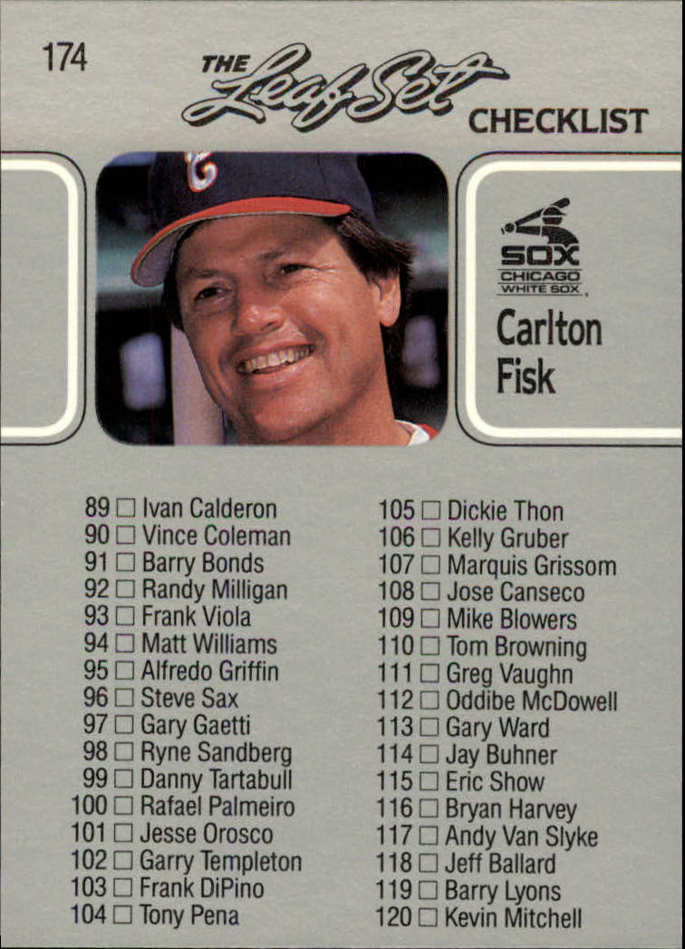 1990 Leaf #174 Checklist 89-176/Carlton Fisk back image