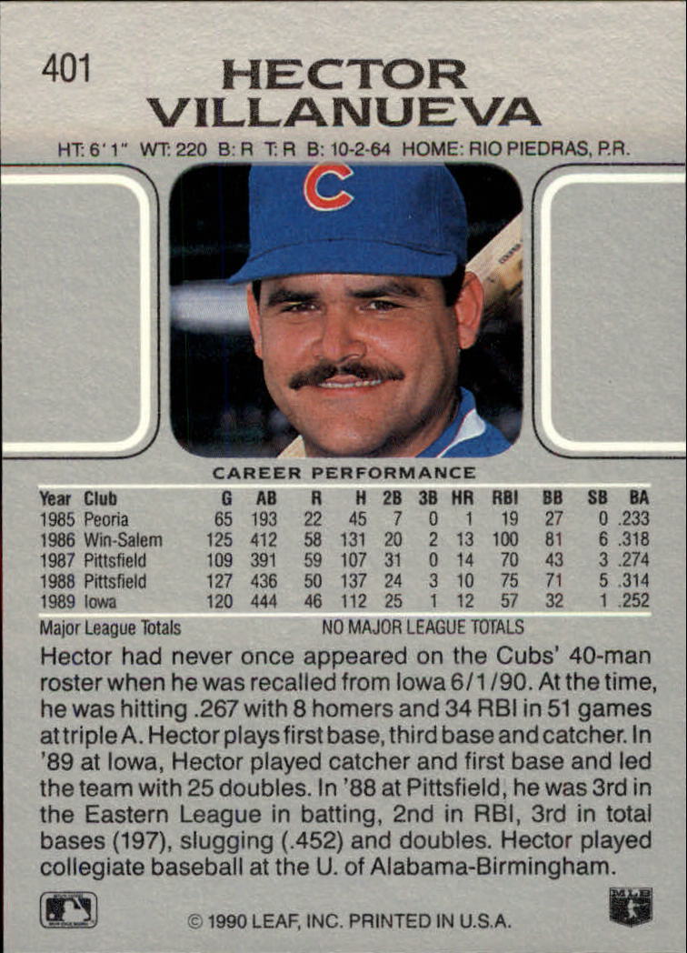 1990 Leaf #401 Hector Villanueva RC back image