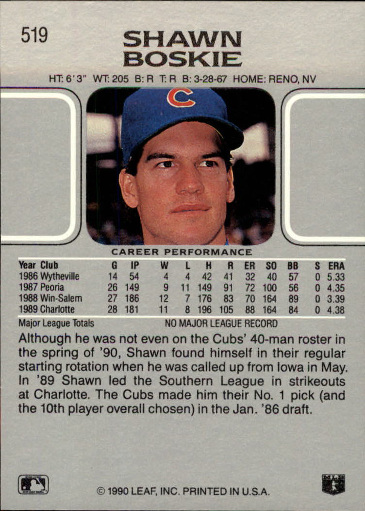 1990 Leaf #519 Shawn Boskie RC back image