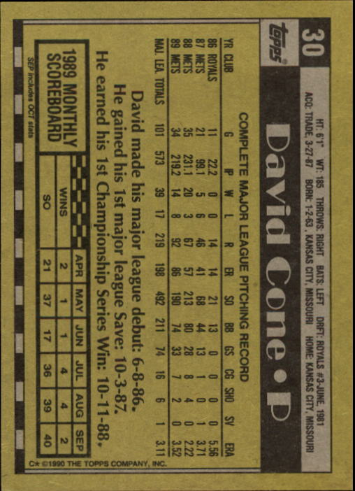 1990 Topps #30 David Cone back image