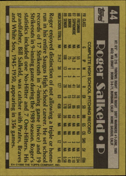 1990 Topps #44 Roger Salkeld FDP RC back image