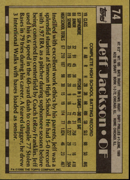 1990 Topps #74 Jeff Jackson FDP RC back image