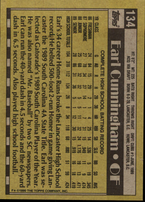 1990 Topps #134 Earl Cunningham FDP RC back image