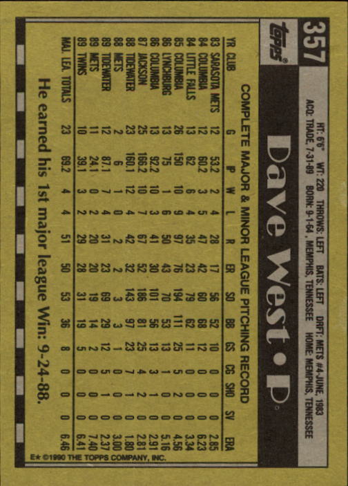 1990 Topps #357 Dave West back image