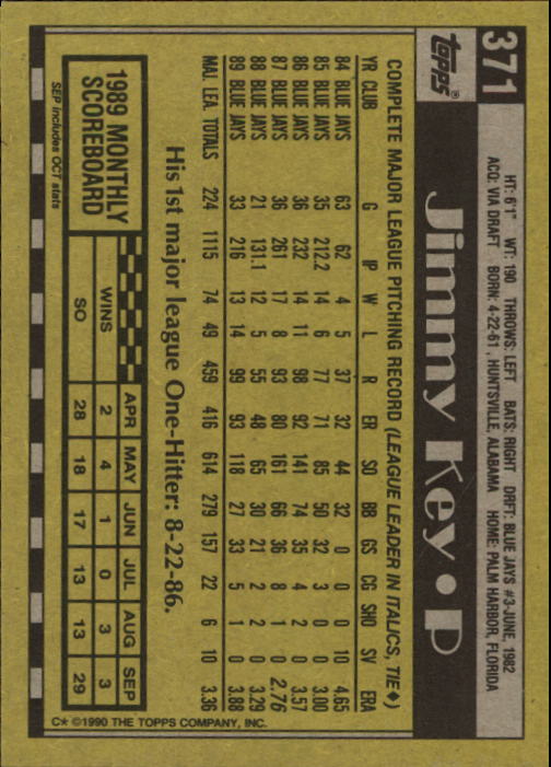 1990 Topps #371 Jimmy Key back image