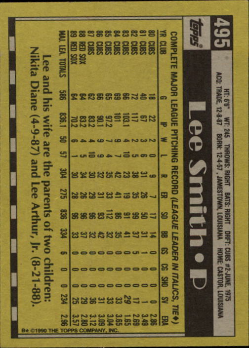 1990 Topps #495 Lee Smith back image